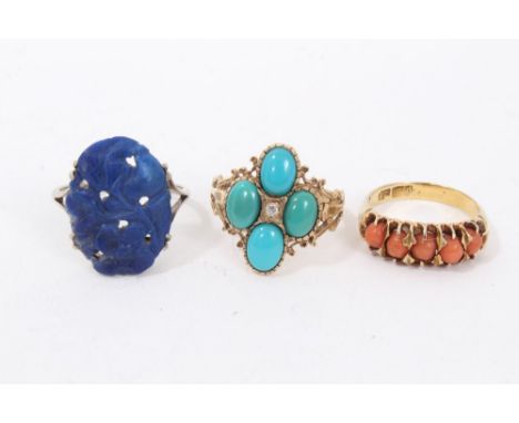 9ct gold four stone turquoise cluster ring, size P, Chinese gold opal five stone ring, size K and 9ct white gold carved lapis