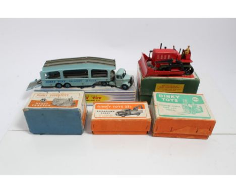 Dinky heavy tractor 563, Breakdown lorry 25X, Blaw Knox Bulldozer 561, Coventry Forklift Truck 14C, Pullmore Car Transporter 