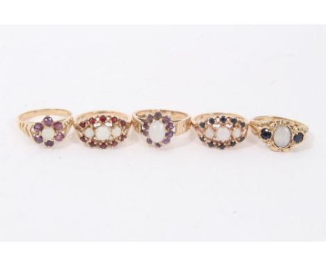 Five 9ct gold opal and gem set cluster ringsCondition report: Total gross weight approximately 13.6g
