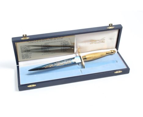 Fine Wilkinson Sword commemorative Commando dagger with gilded hilt, blue and gilt blade 'The Special Air Service Regiment Go