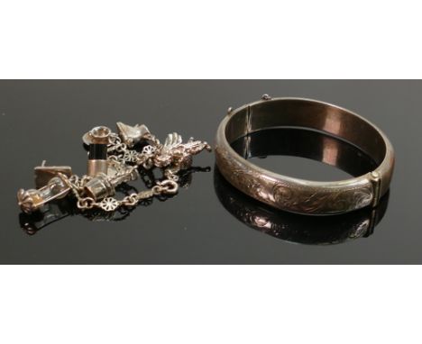 Silver ladies bangle &amp; silver charm bracelet, 39.6g. (2): 