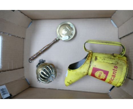 A mixed collection of items to include : Shell lubricants Advertising Jug, Brass Sash Bell &amp; miniature bed pan 