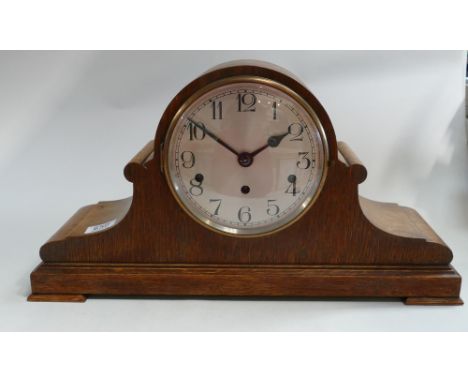1930's Napoleon Hat Shaped Oak Cased Mantle Clock: The 3 train movement striking and chiming Westminister or similar. (No key