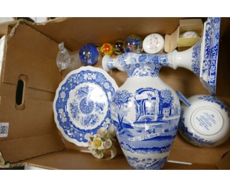 A mixed collection of items to include: Spode Italian Pattern Large Vase, Oversized Candlestick ( fireing crack to base, Over