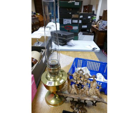 Decorative Carved Wood Collapsible Shelf: together with later brass oil light(2) 