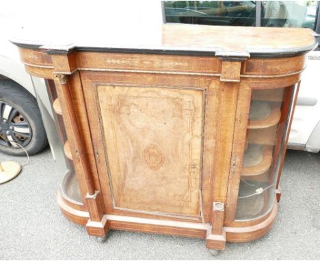 Victorian Walnut inlaid Credenza: with bowed glass doors to outer edges (one glass panel damaged), length 138cm, depth 51cm &