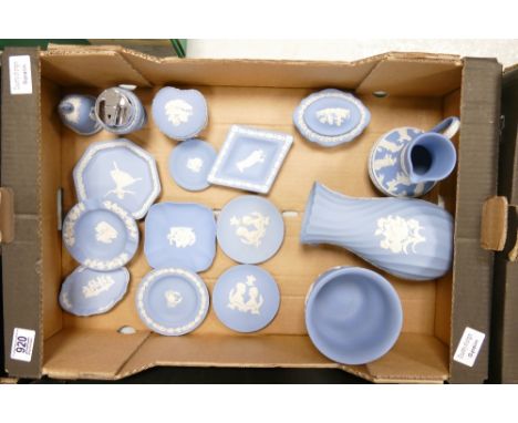 A collection of Wedgwood Blue Jasper Items to include: Pin Trays, Lighters, Boxes, Swirled Vase, small Planter etc 