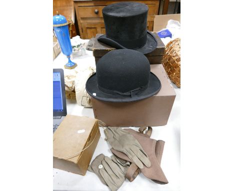 Boxed Dunn &amp; Co Top Hat: &amp; similar Top Bowler: XXL  sizing with approx internal measurement of 61cm, togethre with lo