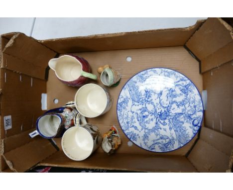 A mixed collection of items to include: Wedgwood Commemorative tankards, Spode Williamsburg Cake Stand,  Prestige Character J