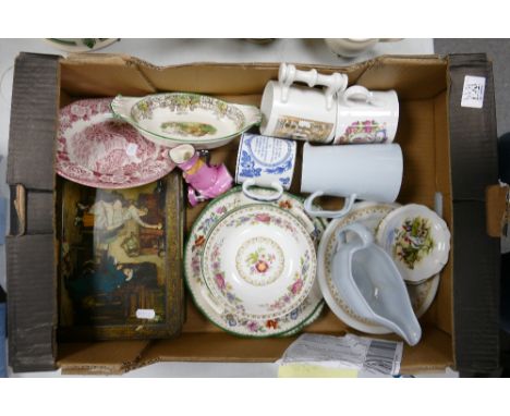 A mixed collection of items to include: floral decorated Grafton ware, Spode Dinner ware, commemorative mugs etc 