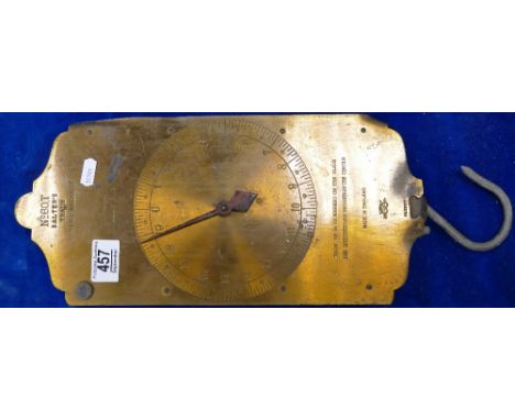 Very large brass fronted Salter scales: 38cm high excluding hooks. 
