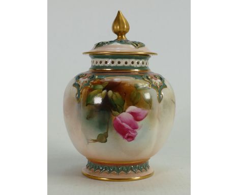 Royal Worcester vase and cover in the Hadley style: Decorated with pink &amp; yellow roses below a pierced gallery rim, date 