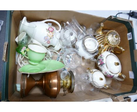 A mixed collection of items to include: Sadler Teapots &amp; similar, Cut Glass , Wedgwood Coffee Pot, Brass Oil lamp base et