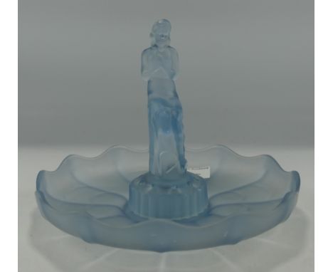 Art Deco Ice Blue Satin Glass Woman Figure Flower Frog &amp; Bowl: 