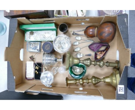 A mixed collection of items to include: Brass candlesticks, cased meerschaum pipe. decorated nut barrel, costume jewellery, s