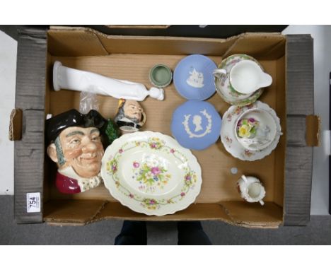 A mixed collection of item to include: Large Royal Doulton Character Jug, Wedgwood jasperware, Shelley Floral Decorated items