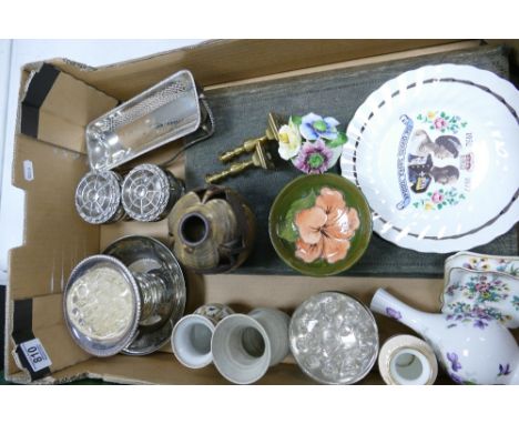 A mixed collection of item to include: Moorcroft Hibiscus on green ground small dish, silver plated items Coalport &amp; simi