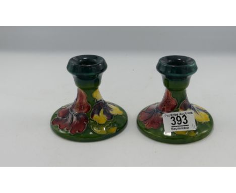 Moorcroft Pair of Candlestick: in Hibiscus Design, height 8.5cm(2) 