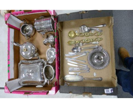 A collection of silver plated items to include: tea service, lidded serving dish, tea barrel, loose cutlery &amp; brass Welsh