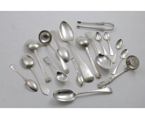 CHANNEL ISLES:- Seven various tea spoons (including a Guernsey militia example), two trefid spoons, a basting spoon, two tabl