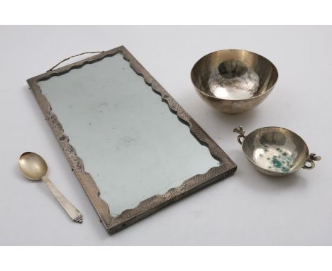 A DANISH PLAIN CIRCULAR BOWL AND PYRAMID PATTERN SPOON by George Jensen with import marks for London 1938, a 19th century Vie