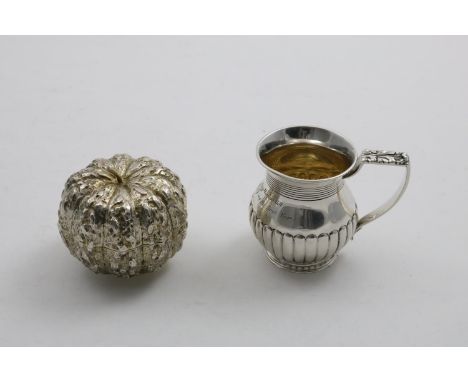 AN EARLY VICTORIAN SILVERGILT NATURALISTIC BOX AND COVER in the form of a fruit (glass liner), by Charles Fox, London 1839 an