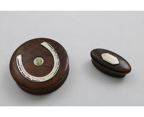 A SMALL MOUNTED HORN SNUFFBOX AND COVER of navette outline with a cartouche on the cover, inscribed "ROYAL CHARTER" and a lat