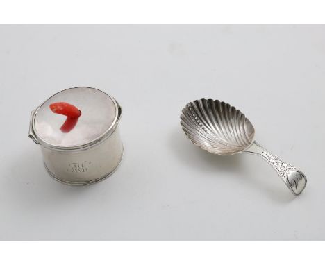 A GEORGE III PLAIN CIRCULAR BOUGIE BOX with a fold-out handle &amp; reeded borders, initialled, unmarked, c.1780, and a Georg