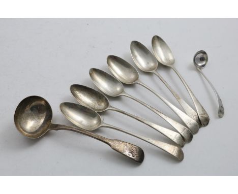 A SET OF SIX GEORGE III OLD ENGLISH PATTERN DESSERT SPOONS crested, by George Smith and William Fearn, London 1787, a Fiddle 