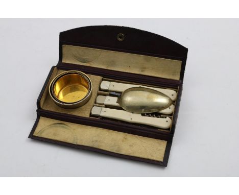 A LATE 19TH CENTURY PLATED-MOUNTED PICNIC SET  in a fitted leather case to include a collapsible beaker, a bone-handled foldi
