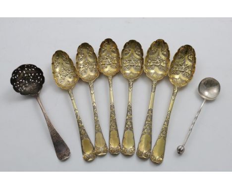 SIX LATER-DECORATED ANTIQUE TABLE SPOONS with chasing and parcel-gilding (for use as fruit serving spoons), a similarly later