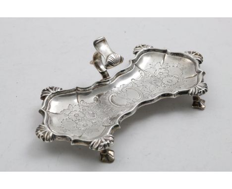 A GEORGE II WAISTED SNUFFERS TRAY with a shaped &amp; moulded border, interspersed with shells, flat-chased decoration and fo