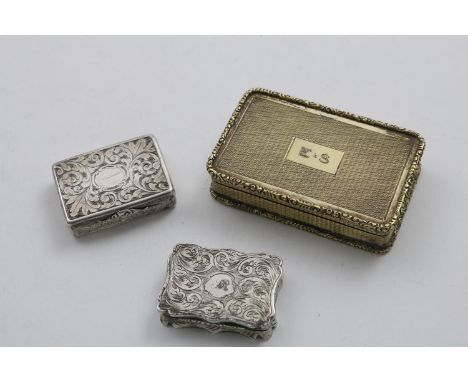 AN EARLY VICTORIAN ENGRAVED RECTANGULAR VINAIGRETTE by Nathaniel Mills, Birmingham 1840 (leather case), together with a Victo