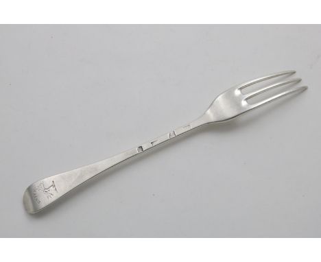 A GEORGE III SCOTTISH PROVINCIAL TABLE FORK Hanoverian pattern with three prongs, engraved with a crest below the motto "UNIT