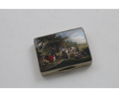 A CONTINENTAL ART DECO MENAUDIERE OR COMPACT enamelled on the cover with a squire and his aide, encountering a gypsy encampme