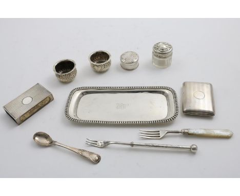 A MIXED LOT:- A George III snuffers tray, initialled, by John Emes, London 1807, an engine-turned cigarette case, a match box