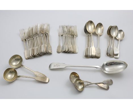 A COLLECTED PART-SERVICE OF FIDDLE PATTERN FLATWARE TO INCLUDE:- Seventeen table forks, six table spoons, five dessert forks,