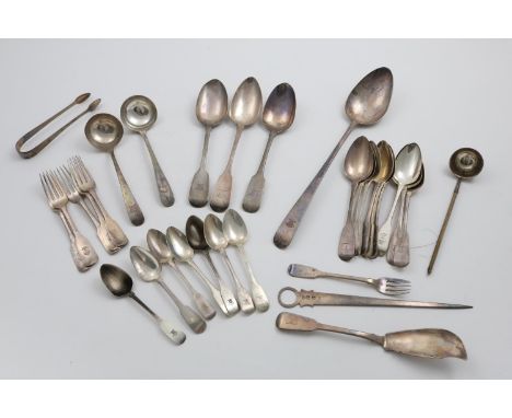 A QUANTITY OF MISCELLANEOUS ANTIQUE FLATWARE:- Nine various Irish dessert spoons, five dessert forks, an oyster fork, seven I