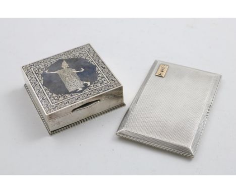 A SIAMESE NIELLOWORK CIGARETTE BOX square with wood lining, by F.W. Margrett of Bangkok and a button-opening cigarette case, 