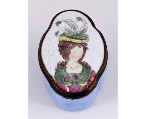 A STAFFORDSHIRE ENAMEL PATCH BOX shaped oval, the cover with portrait, possibly of Queen Charlotte wearing a hat, inscribed "