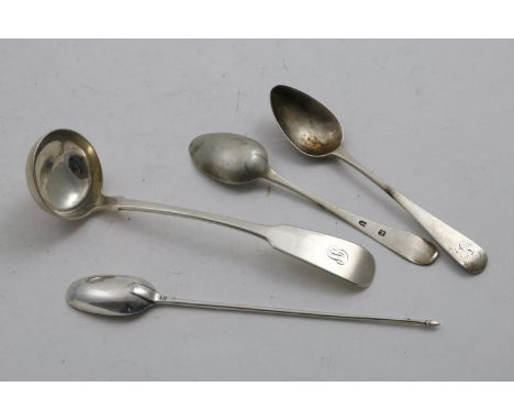 A SCOTTISH FIDDLE TODDY LADLE initialled, by an unknown maker "WSJNR", Glasgow 1830, an unascribed mote spoon with a long ste