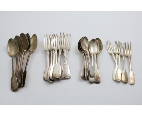 A QUANTITY OF ASSORTED FIDDLE PATTERN:- A set of six Victorian Scottish table spoons, nine various dessert spoons (four with 