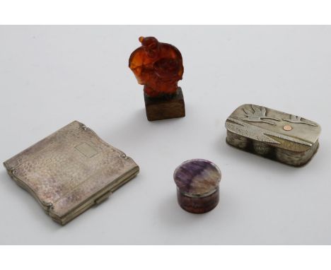 A SMALL MIXED LOT:- A George III small  mounted blue-john (Derbyshire flourspar) patch box with a pull-off cover, maker's mar