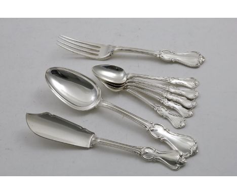 CHANNEL ISLES:- Victorian Albert pattern flatware to include:- One table spoon, one butter knife, one table fork and five sin
