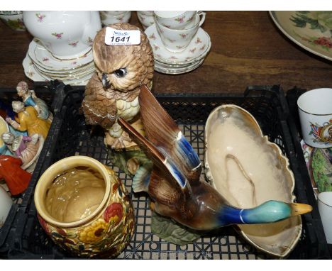 A Gemma duck, porcelain owl, Indian tree vase and a Sylvac style flower trough.