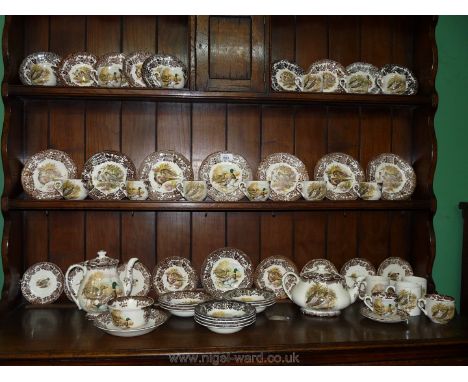 A large quantity of bird Royal Worcester Palissy tea plates, saucers, cups, teapot, and coffee jug etc.