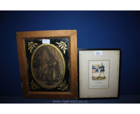 A hand coloured early Print of John Halle and hand stitched thread on silk figure playing the harp (a/f), framed.