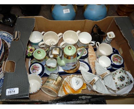 A box of china including small Japanese coffee pot, milk jug and sucrier, dressing table set, Royal Doulton marmalade jar, sm