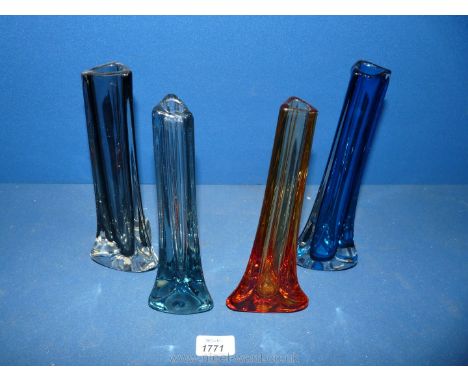 Four Whitefriars tri-sided 9 1/2" vases, different colours.