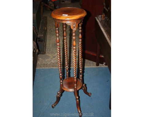 A circa 1930 Mahogany plant Stand/lamp table having circular top and lower shelf and with twist supports, 11 1/4'' diameter x